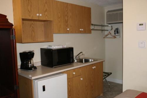 蒙克顿中城汽车旅馆及套房的一间带水槽和微波炉的小厨房