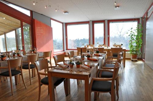 蒙特奇隆卢比尔生态酒店的用餐室设有桌椅和窗户。