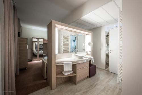帕彭堡Arkadenhaus - Hotel Freiherr von Schwarzenberg的一间带水槽和镜子的浴室