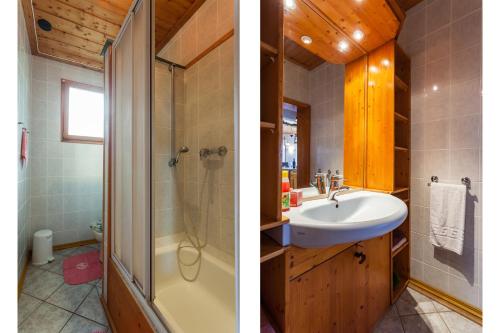 斯科派洛斯Karavos Sea View Apartments的浴室的两张照片,配有水槽和淋浴