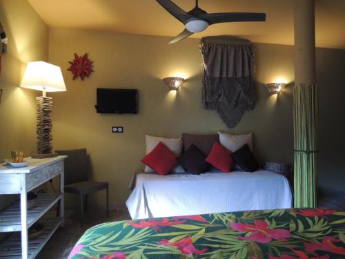 比斯卡罗斯Via Bahia - Maison d'hôtes的一间卧室配有一张床和吊扇