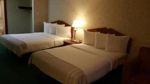 北达特茅斯达特茅斯汽车旅馆的一张位于酒店客房的两张床,配有一张桌子上的电话