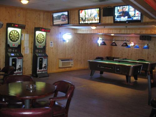 兰德Frontier Lodge的一间设有台球桌和一些视频游戏的房间