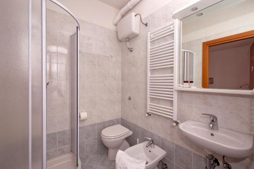 博萨迪法萨GH Hotel Piaz的浴室配有卫生间、盥洗盆和淋浴。