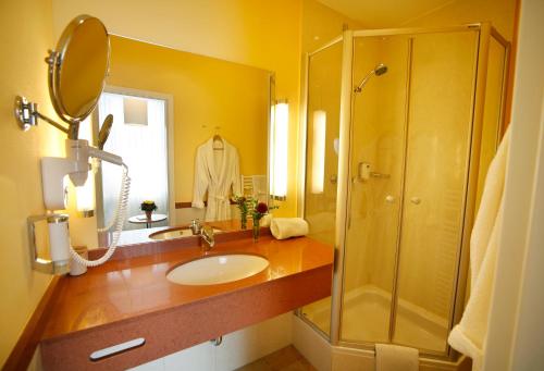 巴德艾比林Hotel Johannisbad的一间带水槽和淋浴的浴室