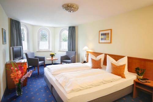 巴德艾比林Hotel Johannisbad的一间酒店客房,配有一张床和一台电视