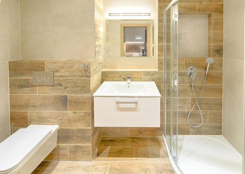 阿贝尔塔米奥里昂旅馆的一间带水槽、卫生间和淋浴的浴室