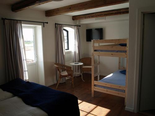 RammsjöRamsjögård Hotell的一间卧室配有双层床和书桌
