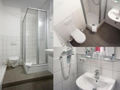 海德堡海德堡酒店的浴室的两张照片,配有水槽和淋浴