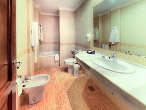 萨阿拉德洛斯阿图内斯波菲里奥酒店的一间带水槽、卫生间和镜子的浴室
