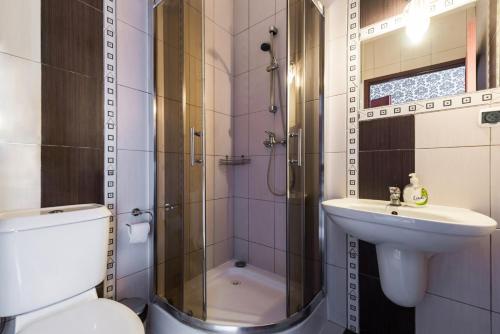 卢布林Noclegi Komfort的带淋浴、盥洗盆和卫生间的浴室
