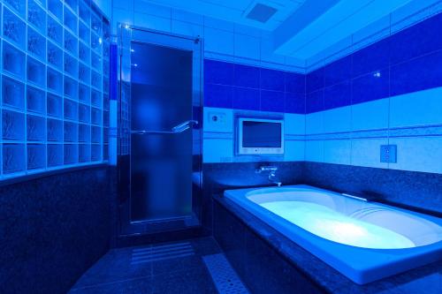 东京新宿歌舞伎町J-MEX酒店及水疗中心（仅限成人入住） 的一间带浴缸和淋浴的浴室以及一台电视。