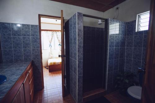 下博克特西班牙人在河边旅馆 - 博克特的带淋浴、盥洗盆和卫生间的浴室