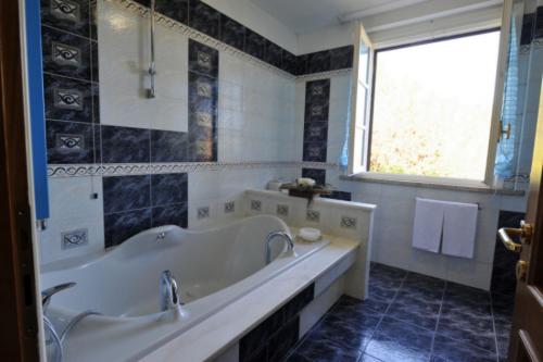 科尔托纳极光度假屋的带浴缸、水槽和窗户的浴室