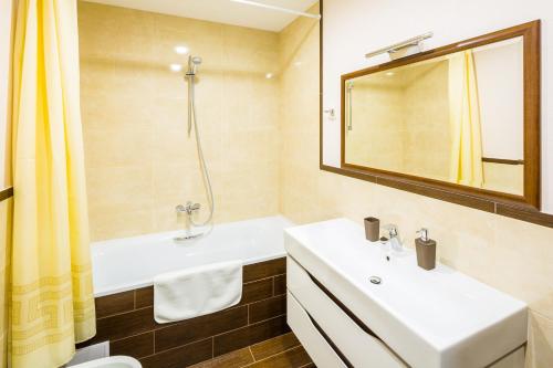 利沃夫OK Apartments Lviv的浴室设有2个盥洗盆、淋浴和镜子。