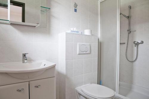 布如克纽多夫匈牙利王冠酒店的浴室配有卫生间、盥洗盆和淋浴。