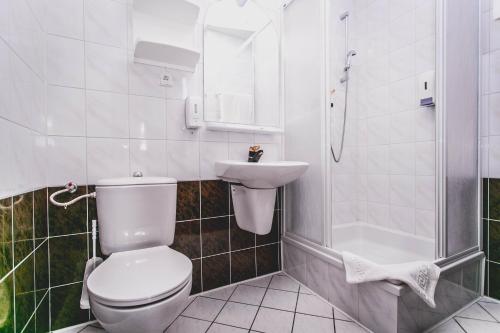 华沙双胞胎酒店的浴室配有卫生间、盥洗盆和淋浴。