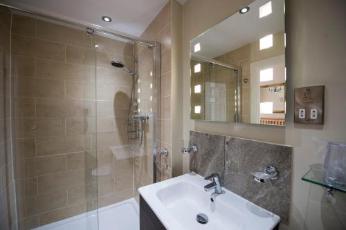 托基伊姆德尼旅馆的一间带水槽、淋浴和镜子的浴室