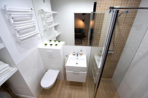 格丁尼亚Apartament Horizon的浴室配有卫生间、盥洗盆和淋浴。