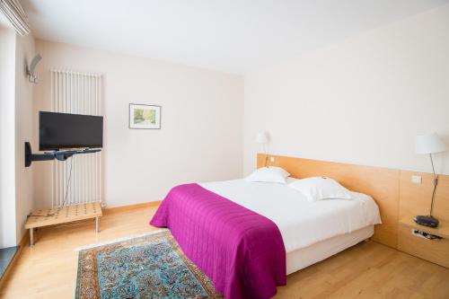 布鲁塞尔沙瑟尔休息酒店的一间卧室配有一张带紫色毯子的床