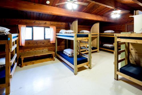 贾斯珀HI Athabasca Falls - Hostel的小屋内带几张双层床的客房