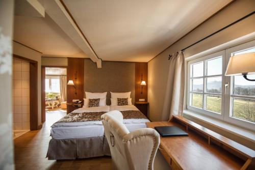 艾森纳赫埃森纳特贝格酒店的卧室配有一张床、一张书桌和窗户。