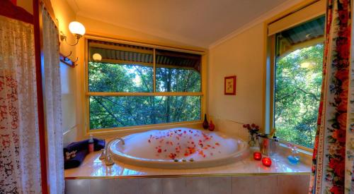 蒙特维尔蒙特维尔瀑布山林小屋的一间带大浴缸及窗户的浴室