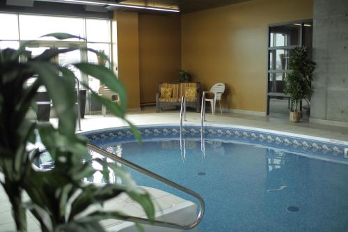魁北克市时代大饭店的游泳池位于带桌椅的房间