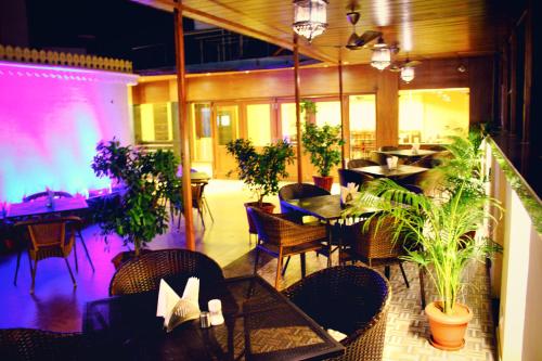 斋浦尔H R宫殿酒店的一间设有桌椅的餐厅,种植了植物