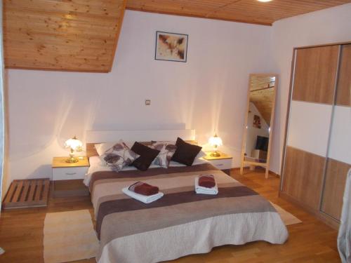 拉科维察巴弗力克公寓酒店的一间卧室配有一张大床、两张桌子和两盏灯。