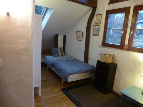 Raedersdorf拉波姆德品度假屋的一间小卧室,阁楼上配有一张床