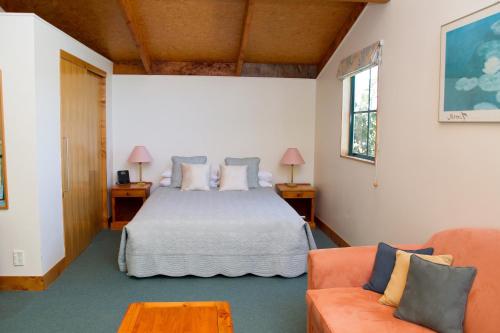 马丁伯勒马尔格林葡萄园别墅酒店的一间卧室配有一张床和两张橙色椅子