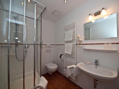 Isen克莱门特旅馆的带淋浴、盥洗盆和卫生间的浴室