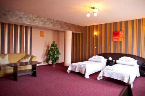 热舒夫霍尔里宗酒店的酒店客房,设有两张床和一张沙发