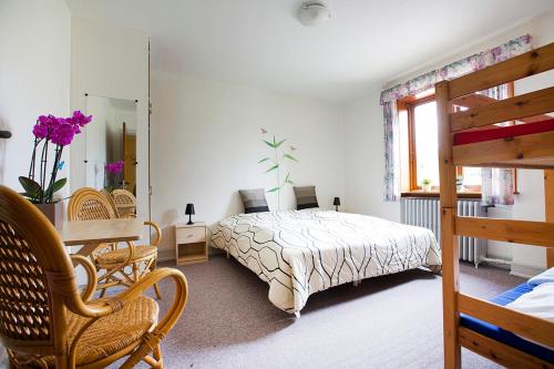 Hjertebjerg埃姆霍尔潘森酒店的卧室配有一张床和一张桌子及椅子
