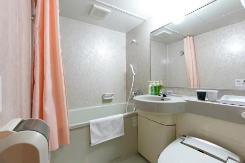常滑市Spring Sunny Hotel Nagoya Tokoname ekimae的一间带水槽、卫生间和镜子的浴室