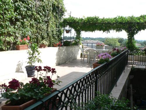 米格龙La Terrasse de la Grand'Rue - chambre d'hôtes -的阳台种有盆栽植物,凉亭配有桌子