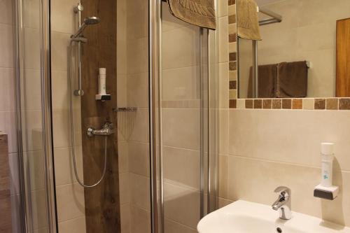 克拉根福斯维瑟豪斯酒店餐厅的带淋浴和盥洗盆的浴室