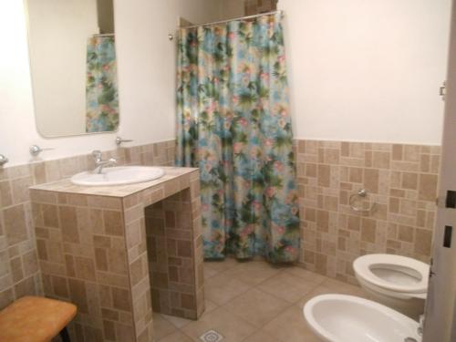 维拉卡洛斯帕兹Cabañas Tio Willy的浴室配有水槽、卫生间和浴帘