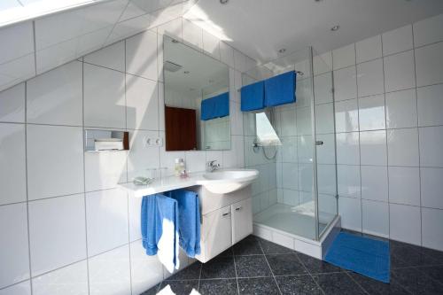 索梅劳森菲尔小夫－温古特旅馆的白色的浴室设有水槽和淋浴。