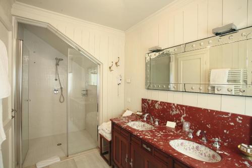 Gorgo al Monticano弗斯卡利尼科尔纳罗别墅的带淋浴、两个盥洗盆和镜子的浴室