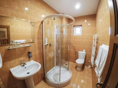 阿尔巴尤利亚赫耳墨斯酒店的带淋浴、盥洗盆和卫生间的浴室