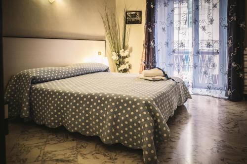 斯培西亚德尔佩斯卡托尔住宿的一间卧室配有一张带波卡圆点床单的床和窗户。