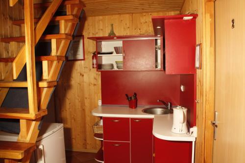 维尔纽斯乔利曼农家乐的一个带红色橱柜和水槽的小厨房