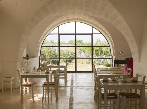 奥斯图尼Masseria Palombara Grande的客房设有桌椅和大窗户。