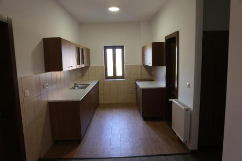 BorzontEzüstfenyő Agroturisztikai Panzió的一间设有棕色橱柜和窗户的小厨房