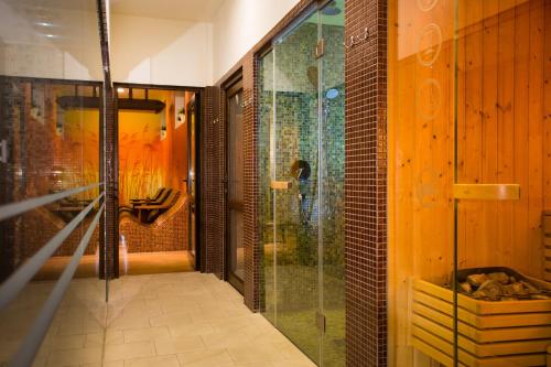 戈乌达普温图斯自然理疗温泉酒店的带淋浴和玻璃淋浴间的浴室