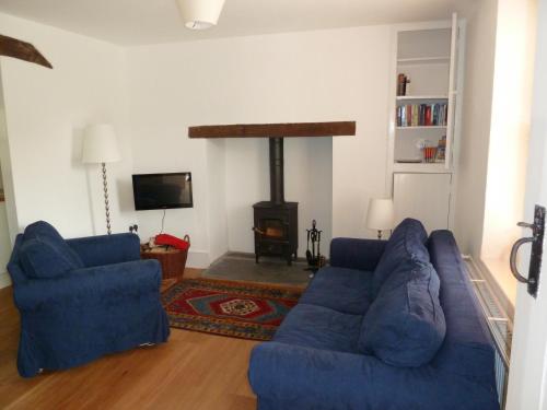 勒兰蒂德威尔斯Bronfelin & Troed-y-Rhiw Holiday Cottage的客厅配有2张蓝色沙发和壁炉