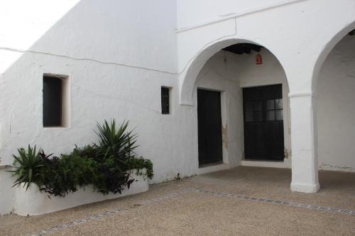 科尼尔-德拉弗龙特拉Apartamento Fatima的前面有拱门和植物的白色建筑