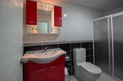 埃迪尔内Edirne Adres Karaağaç的一间带卫生间、水槽和红色橱柜的浴室
